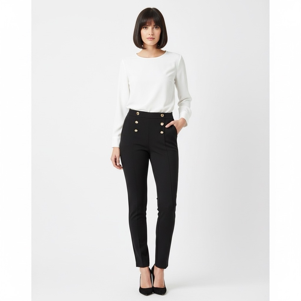 Retrology Black High Rise Slim Leg Pants Large Gold Button